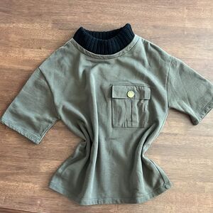 Zara Army Green Cargo Top Black Knit Standing Neck Short Sleeve M Oversized